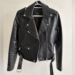 Bershka Black Leather Cropped Moto Jacket
